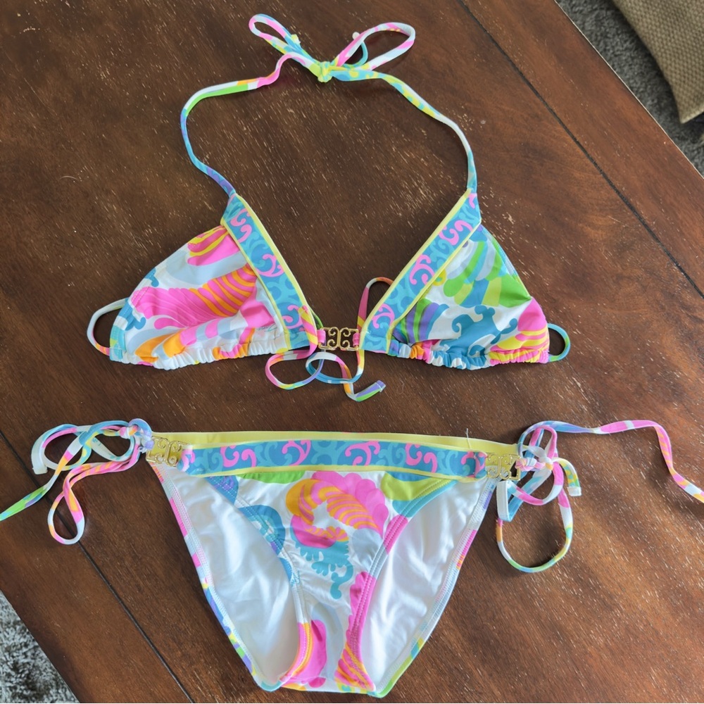 Trina Turk 2 Piece Multi Patterned Bikini With Gold Embellishments
